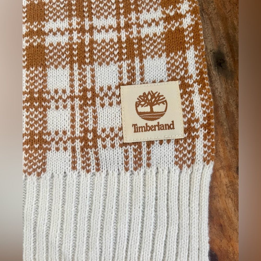 NWT Timberland Camel Brown & Ivory White Houndstooth Knit Scarf retail $60
